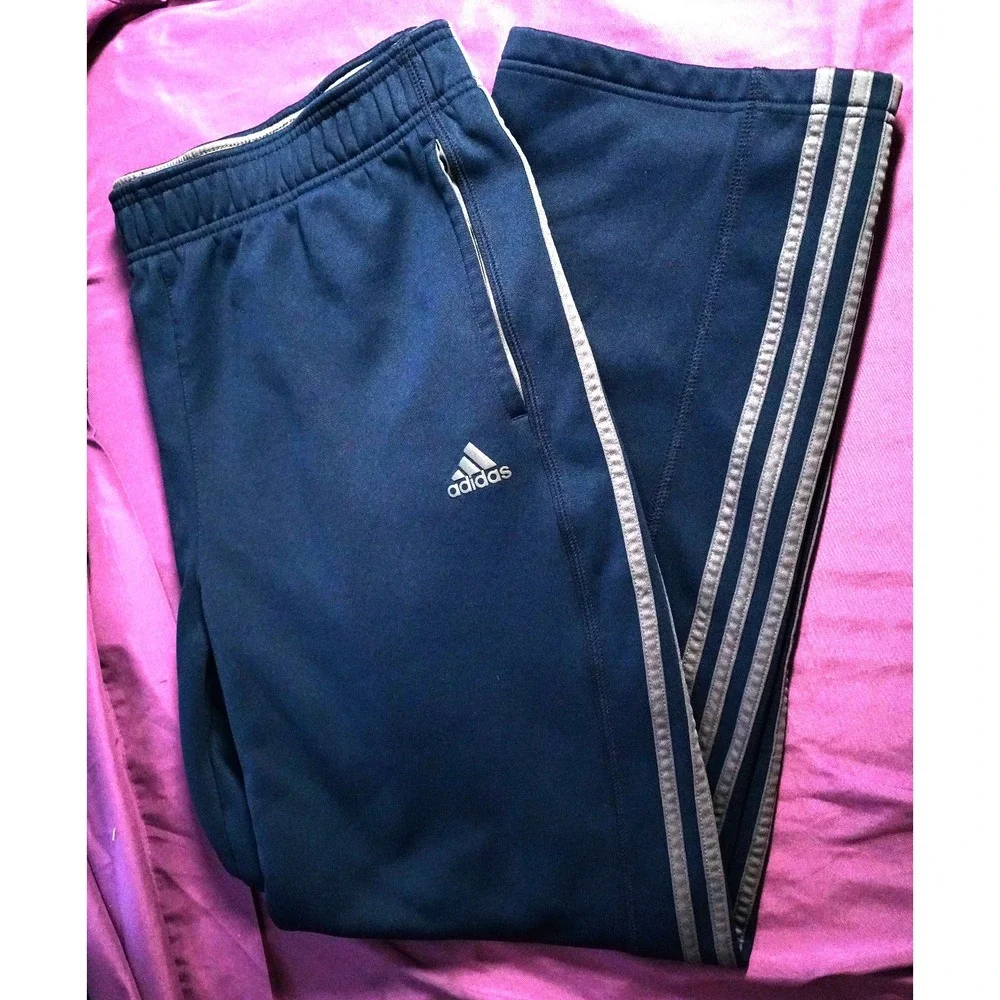 Adidas 2XL Climawarm Track Pants Blue & Gray 3 Stripe Fleece Athletic AV1001